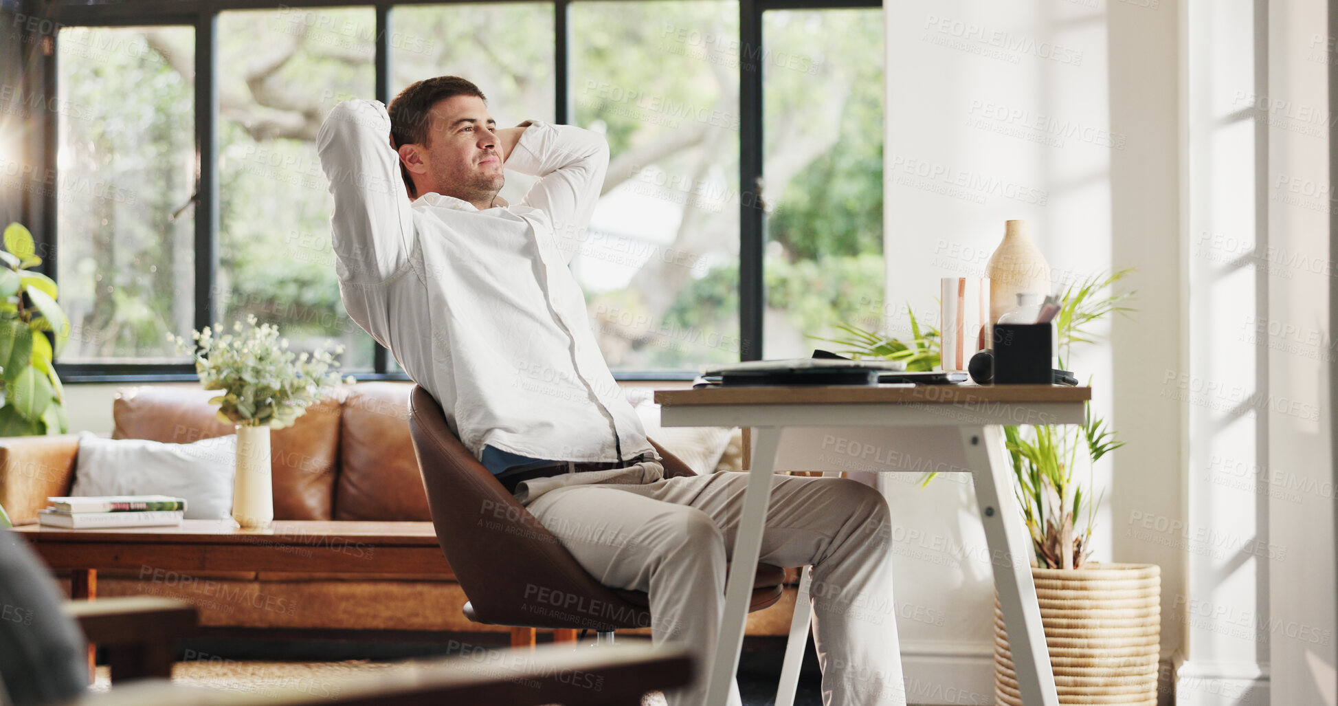 Buy stock photo Happy, relax and man in home for remote work with satisfaction, stretching and done with tasks. Freelancer, business and person with calm, rest and break for project deadline, freedom and finish