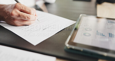 Buy stock photo Writing, documents and hand of businessperson with tablet in office for graphs, charts or finance report. Paperwork, tech and financial manager with statistics for investment agreement in workplace.