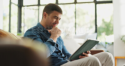 Buy stock photo Man, tablet and relax with thinking on sofa with movie choice, streaming or video in living room at house. Person, smile and tech with application, subscription and decision for film on couch at home