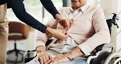 Buy stock photo Help, hands and nurse dressing old woman in wheelchair for hygiene, personal care or support. Clothes, senior person with disability and carer with buttons for assisted living, assistance or service