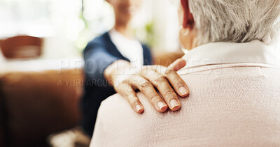 Buy stock photo Hands, person and support senior friend on sofa for diagnosis news, understanding and empathy. Care, friendship and comfort elderly woman in retirement home for medical results, compassion and trust