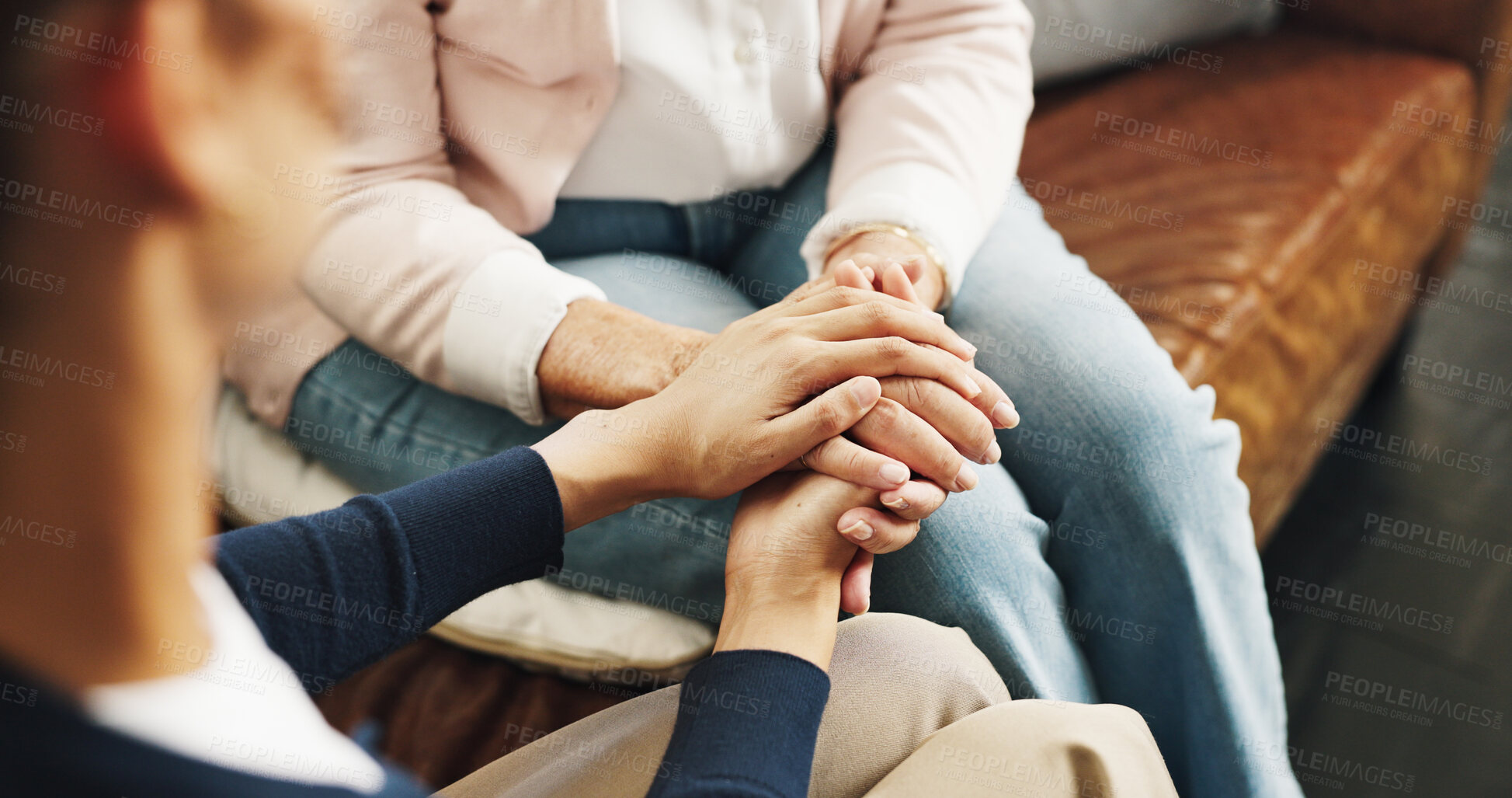 Buy stock photo Home, person and holding hands with senior mom for diagnosis news, emotional support and empathy. Love, people and elderly mother with comfort in retirement for medical results, console or compassion