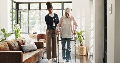 Buy stock photo Nurse, old woman and help with walker in home for mobility, balance and support in retirement. Patient, caregiver and elderly person with disability, frame or rehabilitation for healing in house