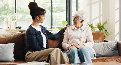 Buy stock photo Chat, volunteer and senior woman in house for rehabilitation, checkup and post surgery recovery. Apartment, pensioner and caregiver in living room for support, conversation and advice for help