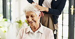 Hands, nurse and haircare with old woman in wheelchair for grooming, help or morning routine. Nursing home, senior patient with disability or caregiver brush hair for personal care, support or beauty