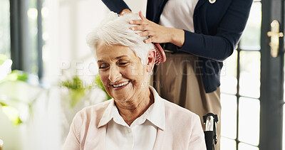 Buy stock photo Hands, nurse and haircare with old woman in wheelchair for grooming, help or morning routine. Nursing home, senior person with disability or caregiver brush hair for patient care, support or beauty