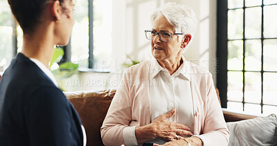 Buy stock photo Support, volunteer and senior woman in living room for rehabilitation, checkup and post surgery recovery. Apartment, elderly pensioner and caretaker in home for conversation, chat and advice for help