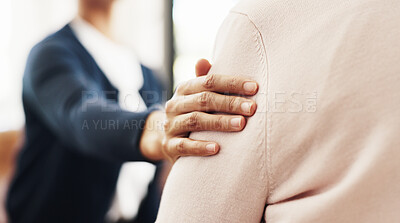 Buy stock photo Hands, friends or empathy on sofa in home for emotional support, comfort or understanding of grief. Trust, care and console person with depression in living room for mourning, compassion or assurance