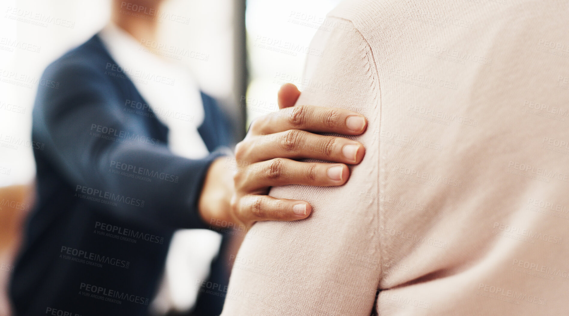 Buy stock photo Hands, friends or empathy on sofa in home for emotional support, comfort or understanding of grief. Trust, care and console person with depression in living room for mourning, compassion or assurance