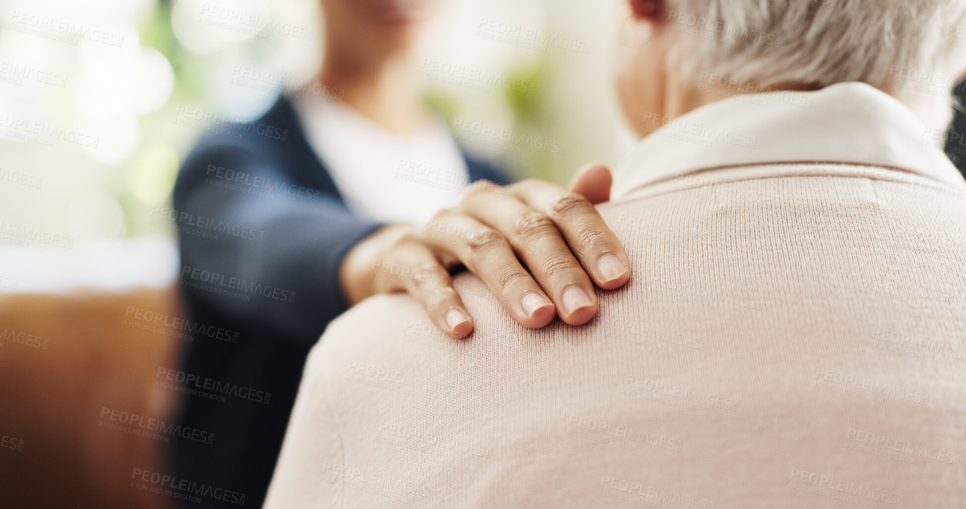 Buy stock photo Hands, person and support senior friend in home for diagnosis news, understanding and empathy. Care, friendship and comfort elderly patient in retirement for medical results, compassion and assurance