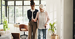 Nurse, old woman and support with walking stick in home for mobility, help and balance in retirement. People, caregiver and elderly patient with disability, cane or holding hands for rehabilitation
