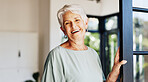 Old woman, smile and portrait in home at window with confidence, pride and break in retirement. Elderly person, happy and morning for rest, chill and relax in kitchen at apartment in Australia