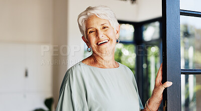 Buy stock photo Old woman, smile and portrait in home at window with confidence, pride and break in retirement. Elderly person, happy and morning for rest, chill and relax in kitchen at apartment in Australia