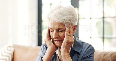 Buy stock photo Old woman, headache and stress on sofa in home with temple massage, fatigue or pressure in lounge. Senior person, frustrated and migraine with chronic pain in retirement, burnout and vertigo in house