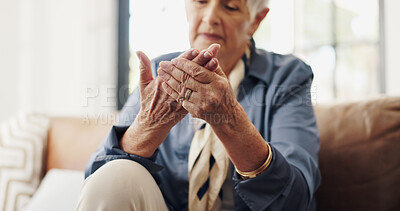 Buy stock photo Hands, arthritis and injury in couch in retirement home with fatigue, joint pain or carpal tunnel in lounge. Elderly woman, ache and fibromyalgia with inflammation on sofa in living room at house