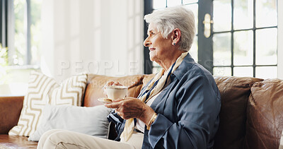 Buy stock photo Tea, reflection and senior woman in home for calm, peace or daydream in living room in retirement. Coffee, thinking and elderly person on sofa with positive mindset, memory or happiness on weekend