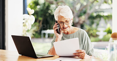 Buy stock photo Woman, phone call and paperwork with laptop for remote work, editing article and creative process in home. Project, freelance writer and talk for document and mature editor or story proofreading