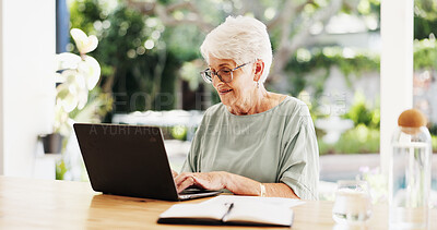Buy stock photo Reading, laptop and senior woman in home, planning for retirement fund and investment portfolio. Apartment, pensioner or old person in lounge, pc or email for insurance benefits or online application