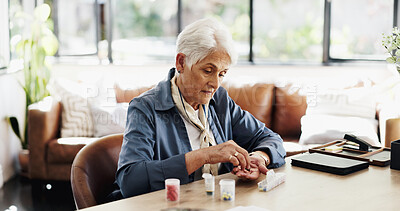 Buy stock photo Old woman, pills and container for schedule in home with prescription drugs, wellness and retirement. Elderly person, bottle and pharmaceutical product with box, organizer and supplements in house