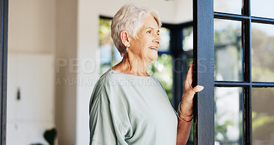 Buy stock photo Old woman, smile and thinking in home at window with memory, reflection and break in retirement. Elderly person, happy and perspective in morning for nostalgia, inspiration and daydream at house