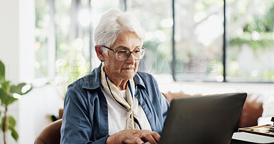 Buy stock photo Old woman, laptop and typing in home with review for finance, budget or glasses in living room. Elderly person, computer and documents with notes, asset management or insurance in retirement at house