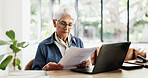 Old woman, laptop and admin in home with documents for finance, budget or glasses in living room. Elderly person, computer and investment report for asset management, paperwork or retirement at house