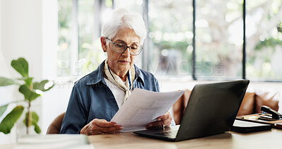 Buy stock photo Old woman, laptop and admin in home with documents for finance, budget or glasses in living room. Elderly person, computer and investment report for asset management, paperwork or retirement at house