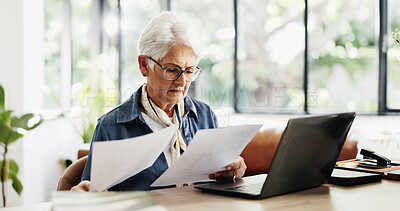 Buy stock photo Old woman, laptop and confused in home with documents for finance, budget or glasses in living room. Elderly person, computer and investment report for asset management, stress or retirement at house