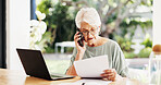 Woman, phone call and document with laptop for remote work, editing article and creative process in home. Project, freelance writer and paperwork for feedback and mature editor or story proofreading