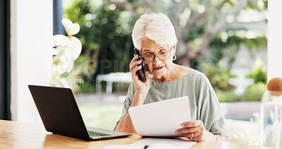 Buy stock photo Woman, phone call and document with laptop for remote work, editing article and creative process in home. Project, freelance writer and paperwork for feedback and mature editor or story proofreading