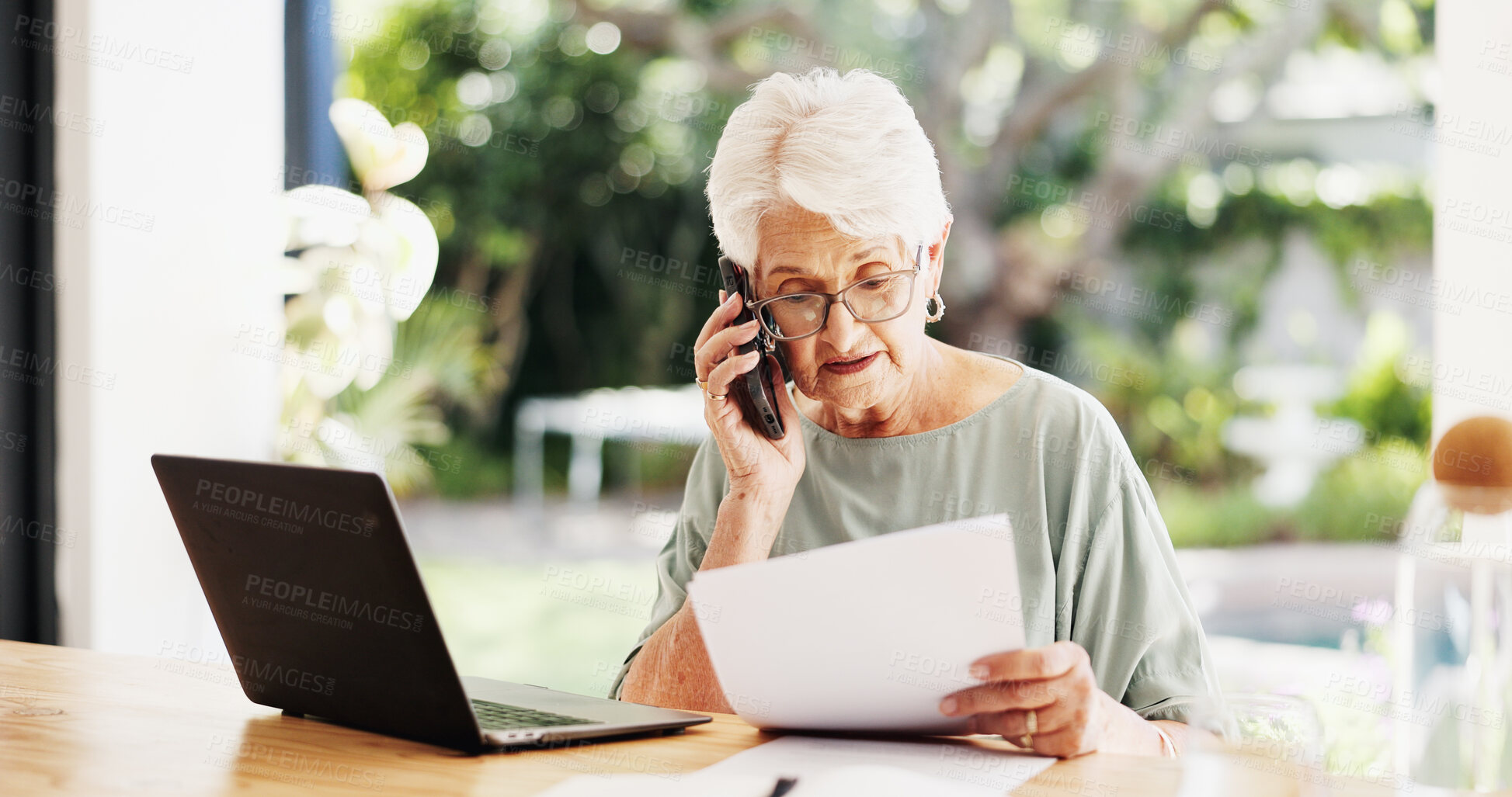 Buy stock photo Woman, phone call and document with laptop for remote work, editing article and creative process in home. Project, freelance writer and paperwork for feedback and mature editor or story proofreading