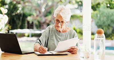 Buy stock photo Woman, notebook and writing with laptop for remote work, editing article and creative process in home. Project report, freelance writer and review for feedback and mature editor or story proofreading