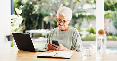 Buy stock photo Woman, phone and smile with laptop for remote work, editing article and creative process in home. Project proposal, freelance writer and notebook for feedback and mature editor or story proofreading