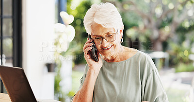 Buy stock photo Woman, phone call and happy with laptop for remote work, editing article and creative process in home. Project, freelance writer and conversation for feedback and mature editor or story proofreading