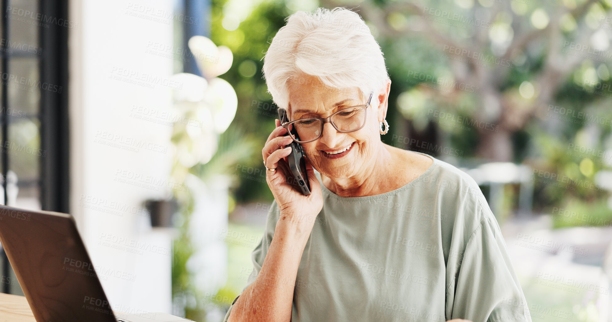 Buy stock photo Woman, phone call and happy with laptop for remote work, editing article and creative process in home. Project, freelance writer and conversation for feedback and mature editor or story proofreading