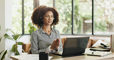 Buy stock photo Employee, headset and woman with laptop, home office and financial advice for client and remote work. Online, wealth manager and person with tech for risk assessment, communication or virtual meeting