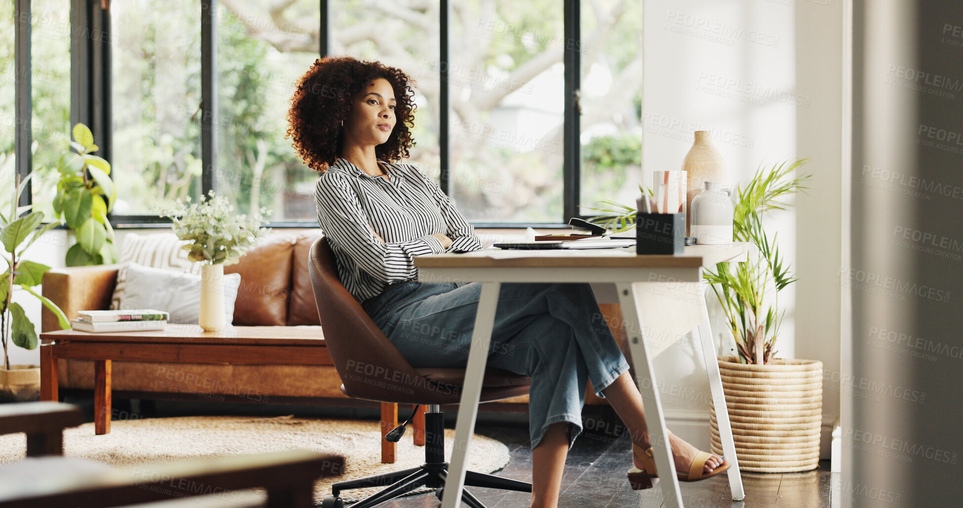 Buy stock photo Thinking, remote work and woman at desk in home for planning, inspiration and copywriting career. Creative, freelancer and person with reflection for insight, ideas and solution for publishing job