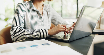 Buy stock photo Woman, hands and typing with laptop in home for business planning, schedule or brainstorming. Female person, freelancer or employee with computer for remote work, project agenda or tasks in house