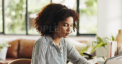 Buy stock photo Creative, headphones and woman with laptop, home office and editing article for magazine publication. Streaming, music and person with technology for project, online and editor with story in house