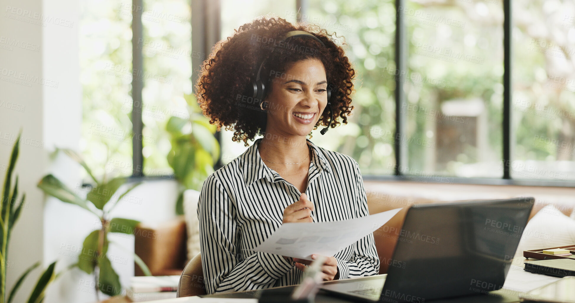 Buy stock photo Home office, headset and woman with laptop, happy and financial advice with paperwork or remote work. Online, wealth manager and person with tech for risk assessment, communication or virtual meeting