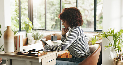 Buy stock photo Creative, thinking and woman with tablet, home office and planning for article on web or journalism. Reporter, online and person with tech for project, reflection and ideas for blog post in house