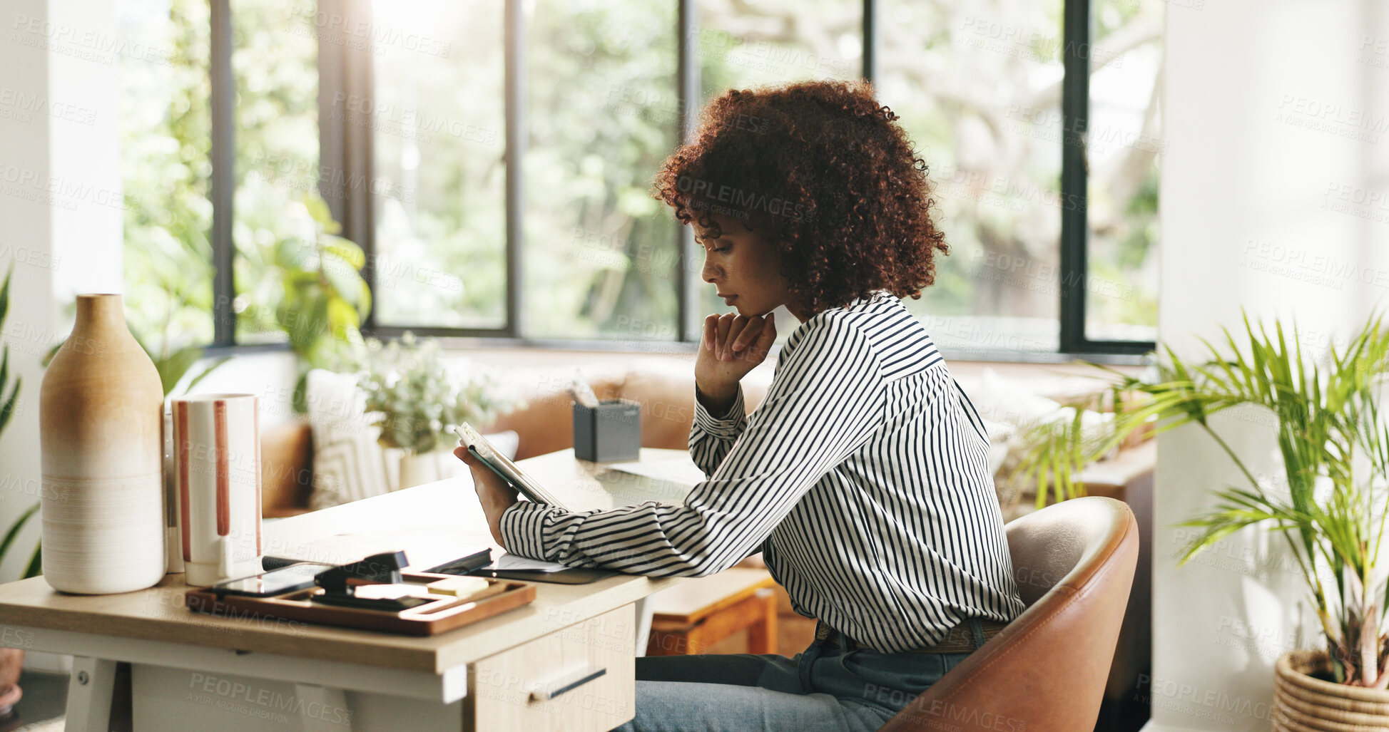 Buy stock photo Creative, thinking and woman with tablet, home office and planning for article on web or journalism. Reporter, online and person with tech for project, reflection and ideas for blog post in house
