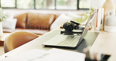 Buy stock photo Empty, home and laptop on desk for remote work for creative career, copywriting and online editing. Freelance, hybrid and computer in house with headphones for planning, research project and job