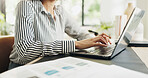 Woman, hands and typing with laptop for business planning, schedule or brainstorming in home. Female person, freelancer or employee with computer for remote work, project agenda or tasks in house