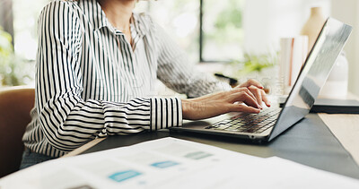 Buy stock photo Woman, hands and typing with laptop for business planning, schedule or brainstorming in home. Female person, freelancer or employee with computer for remote work, project agenda or tasks in house