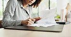 Writing, documents and businesswoman in office with research for finance report with budget planning. Paperwork, professional and female financial manager with investment proposal in workplace.