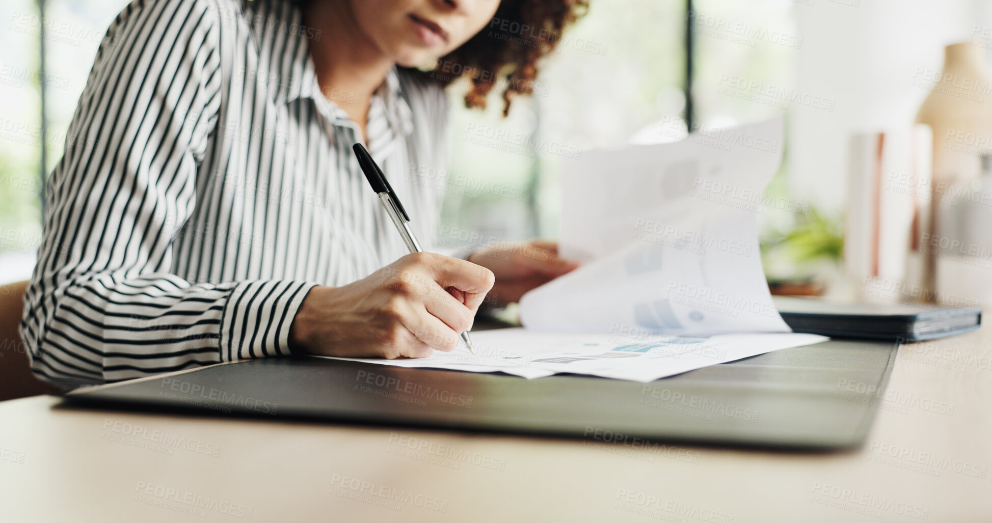 Buy stock photo Writing, documents and businesswoman in office with research for finance report with budget planning. Paperwork, professional and female financial manager with investment proposal in workplace.