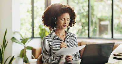 Buy stock photo Reading, paperwork and woman with headset, home or financial advice for client, info and remote work. Online, wealth manager and person with document for risk assessment and virtual meeting in house