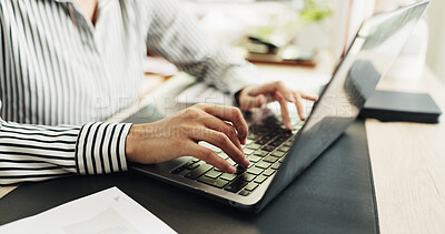 Buy stock photo Typing, online and hands with laptop, creative and planning for story on web, project or journalism. Reporter, research and person with computer for article, media and magazine publication with tech