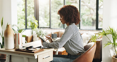 Buy stock photo Scroll, online and woman with tablet, home office and planning for article on website or journalism. Reading, draft and person with tech for project, remote work and reporter with research in house